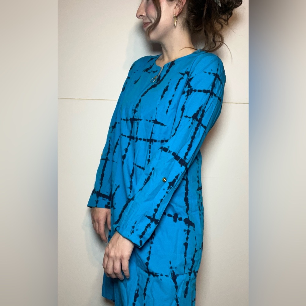Amber Noon II Blue Tie-Dye Zip Front Shift Dress Boho Size S